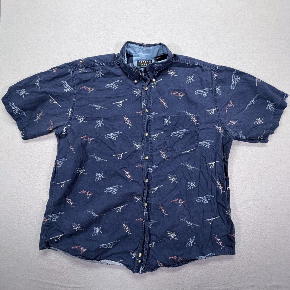 Trader Bay Mens Button Down Regular Navy Blue Swordfish Graphic Print XL